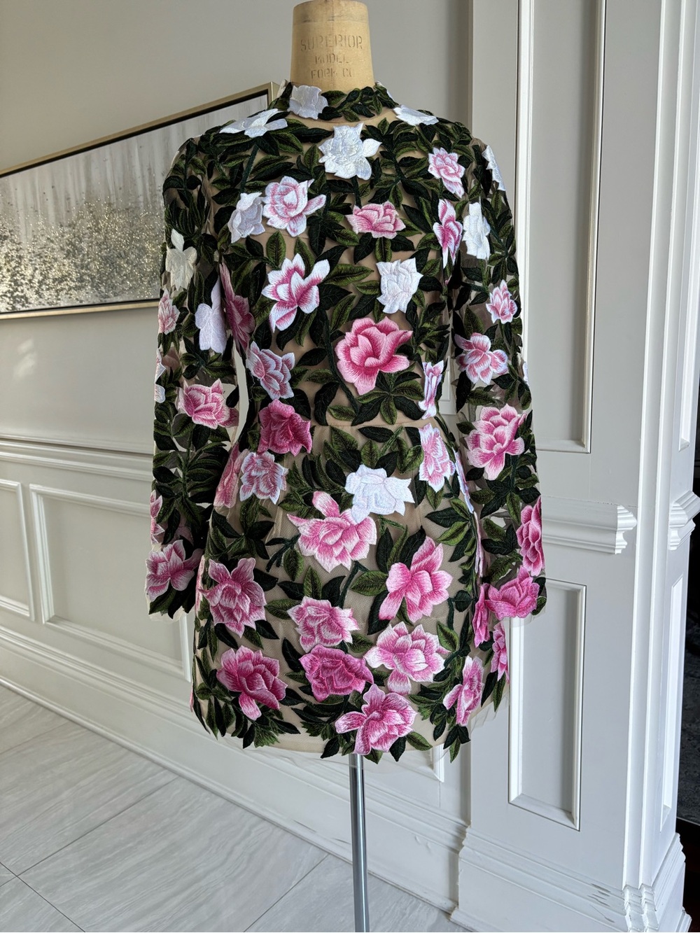 Oscar de la Renta open back embroidered Floral Long Sleeve Mini Dress